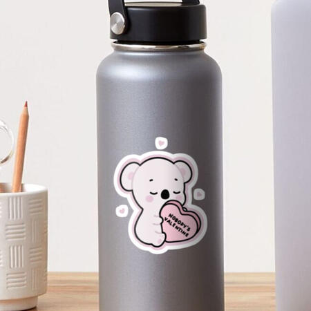 cute koala with valentine heart candy sticker on water bottle minimal cute soft koala holding a Valentine's Day heart candy. the perfect sticker to complete your look.