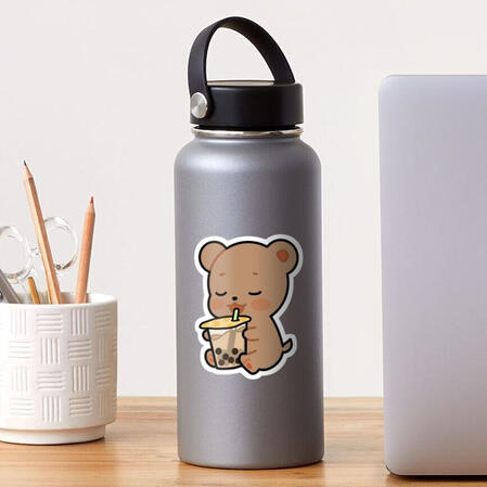 cute bear with boba tote brown bear holding a giant cup of boba sticker for laptop, water bottle, and anything else in between.