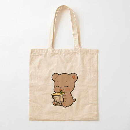 cute bear with boba tote bag minimal natural beige color tote bag with printed cute soft brown bear holding a giant cup of boba