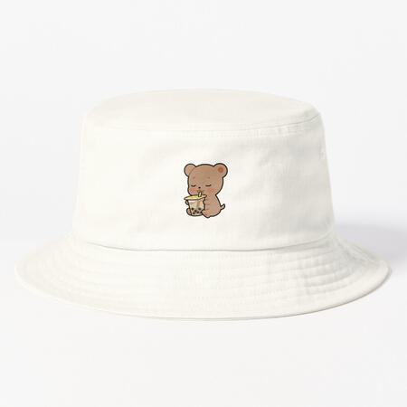 minimal natural white color bucket hat with printed cute soft brown bear holding a giant cup of bobathe perfect bucket hat to complete your look for a casual laid back date.