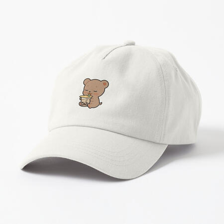 white baseball cap with printed cute soft brown bear holding a giant cup of boba