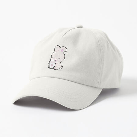 white baseball cap with printed cute soft pink bunny holding a paper coffee cup with pink bunny logo