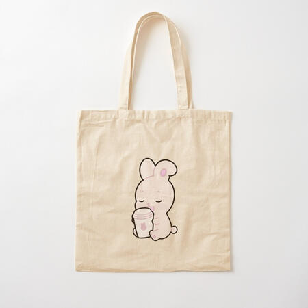 minimal natural beige color tote bag with printed cute soft pink bunny holding a paper coffee cup with pink bunny logo