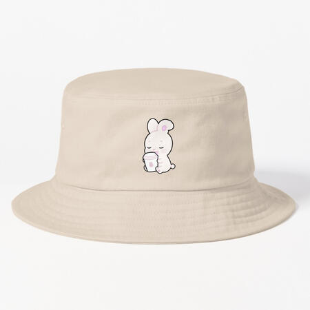 minimal natural beige color bucket hat with printed cute soft pink bunny holding a paper coffee cup with pink bunny logo. the perfect bucket hat to complete your look for a casual laid back date.