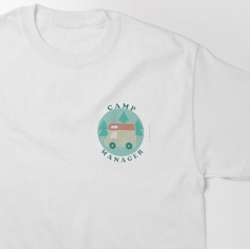 a tee shirt dedicated to animal crossing pocket camp with a Camp Manager badge on left chest