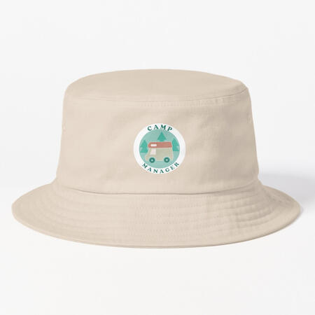 A bucket hat dedicated to Animal Crossing Pocket Camp with a Camp Manager badge on a creamy beige bucket hat. Follow link to other colors!